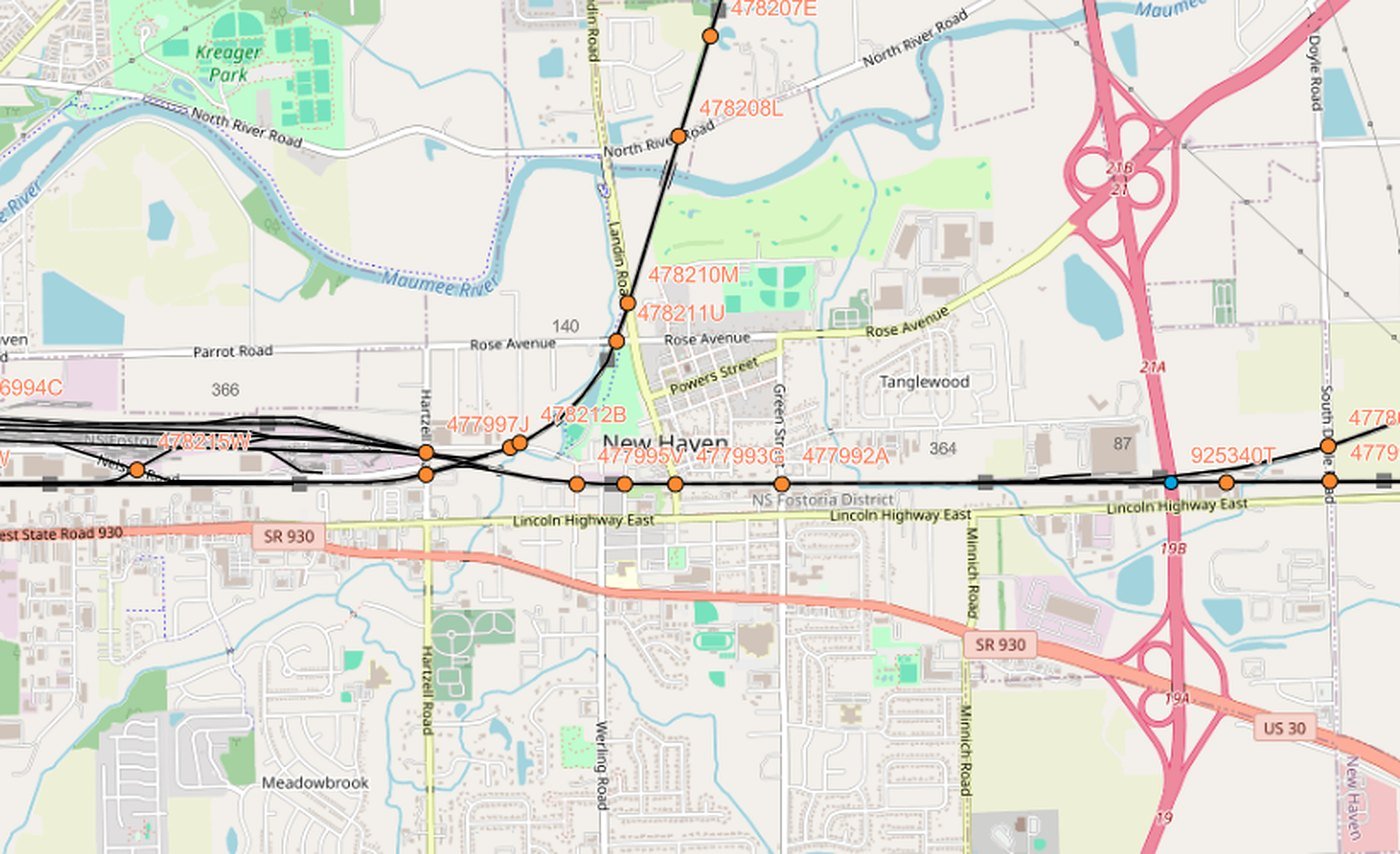 Map of the railroad crossings running through New Haven, Indiana